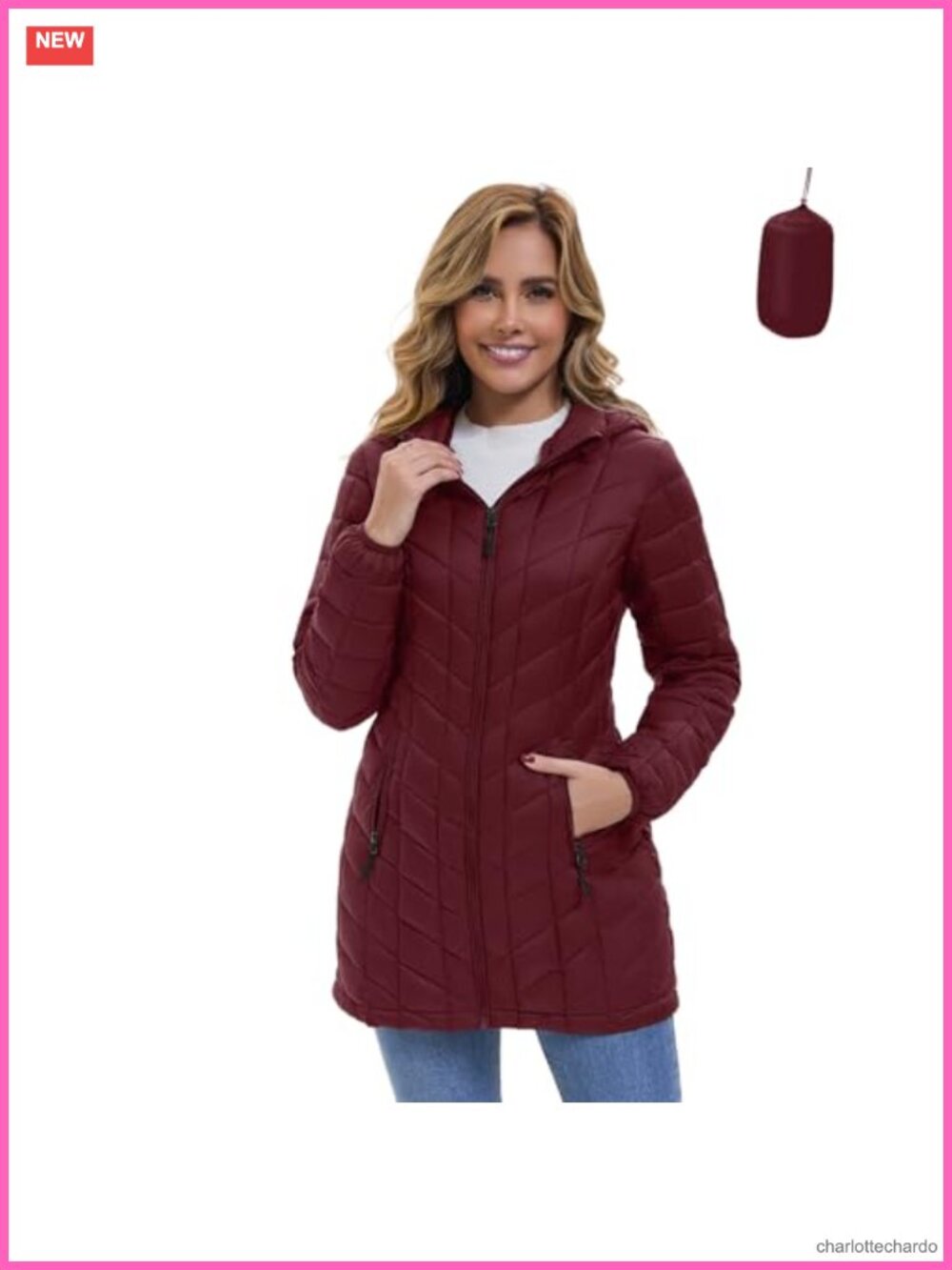 Packable Lightweight Puffer Jacket Hood Quilted Winter Coat Zipper Pockets